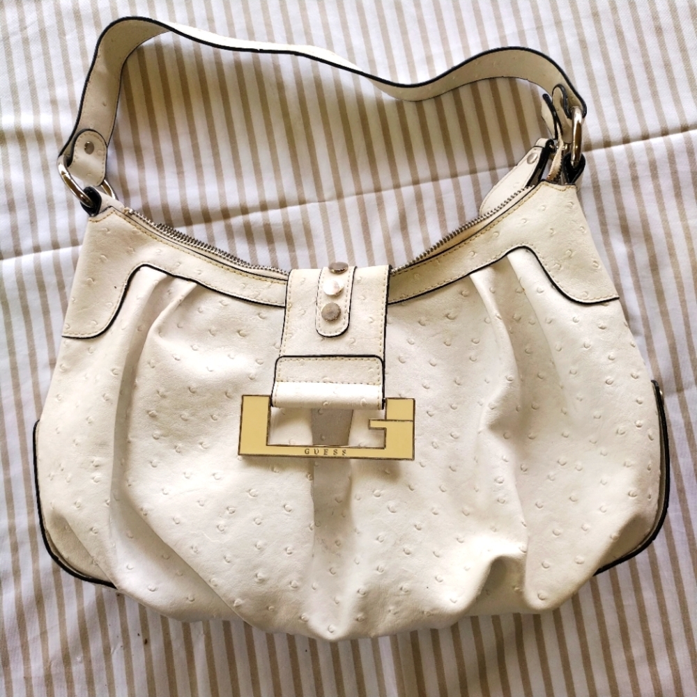 Guess White/Ivory Ostrich Leather Hobo Bag